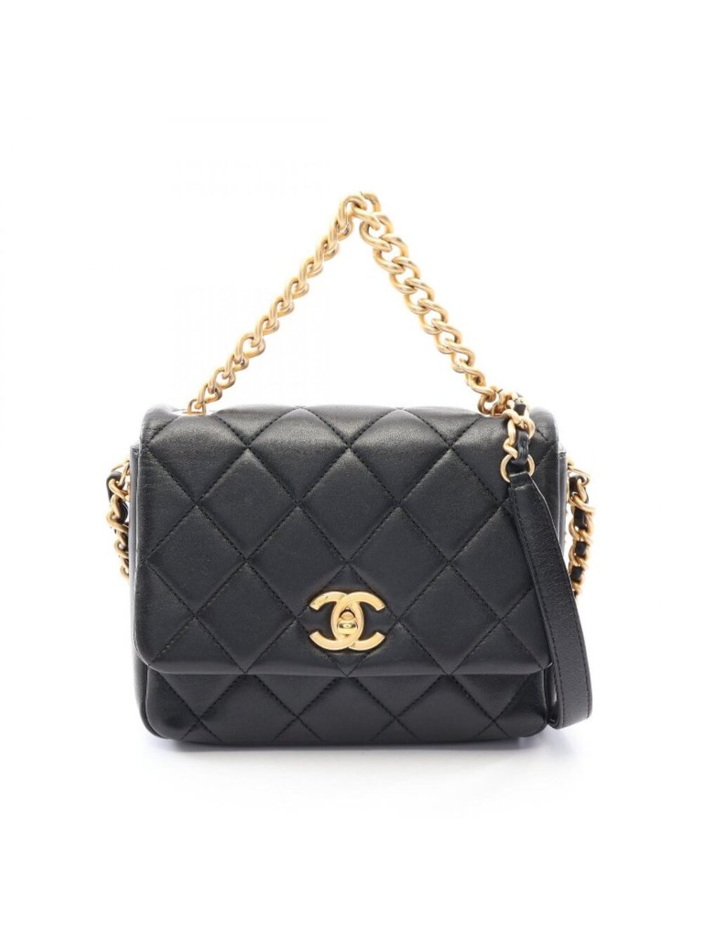 Chanel Shoulder Bag Quilted 2-Way Black Lambskin Small Flap Chain